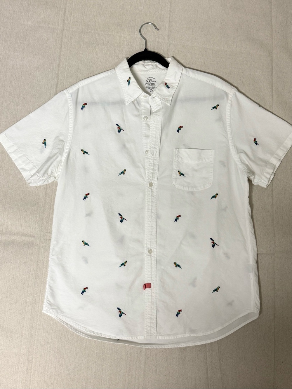 Natural Fabric - J Crew Classic Short-Sleeve White Embroidered Parrot Shirt